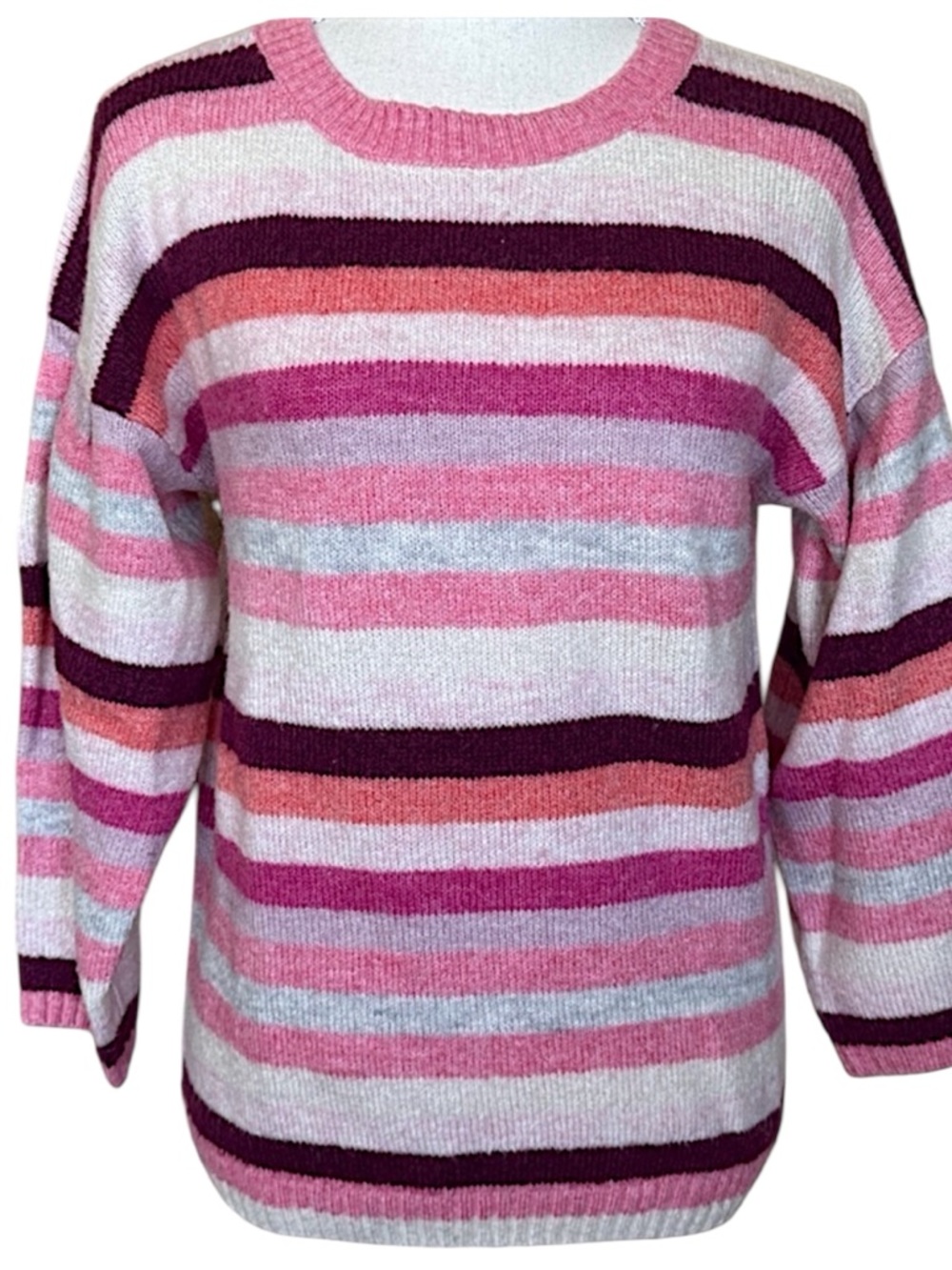 Gap Forever Cozy Crewneck Sweater Drop Sleeve Pink Stripe Cozy Classic Wool Knit